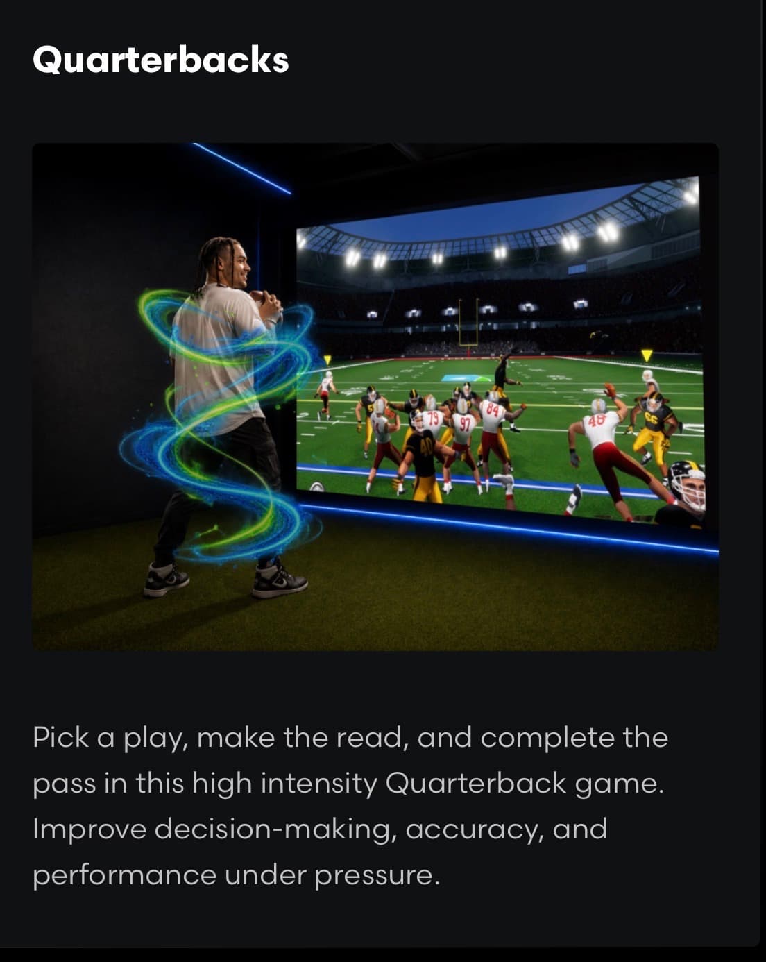 Player throwing a football toward a projected stadium